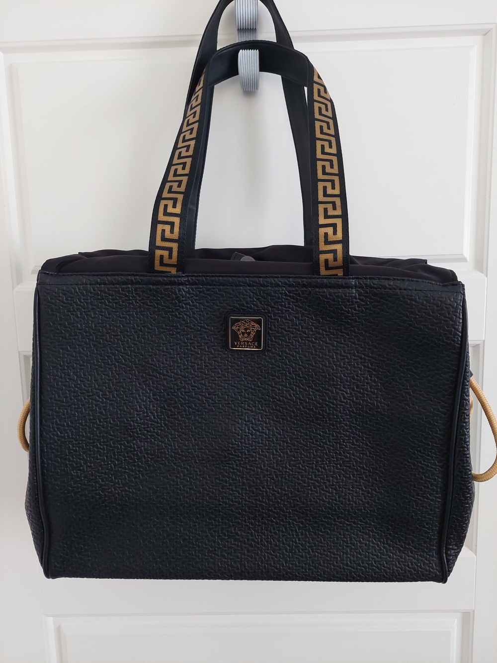 Versace Tote Bag Faux Leather Holdall Weekender Black Metallic Gold Medusa